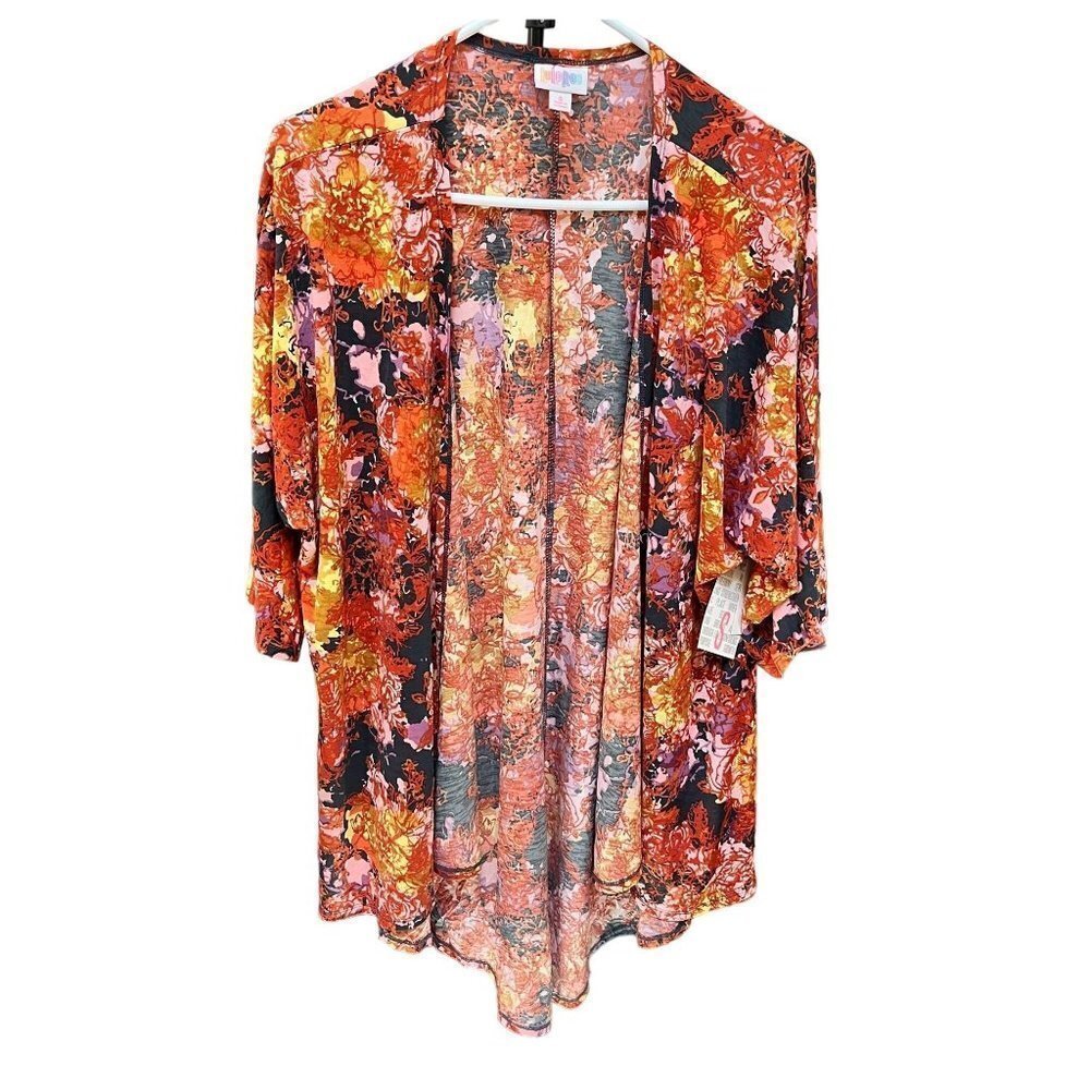 LULAROE Lindsay Womens Short‎ Sleeve Kimono Fire Orange Floral Shirt Top …